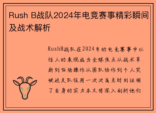 Rush B战队2024年电竞赛事精彩瞬间及战术解析